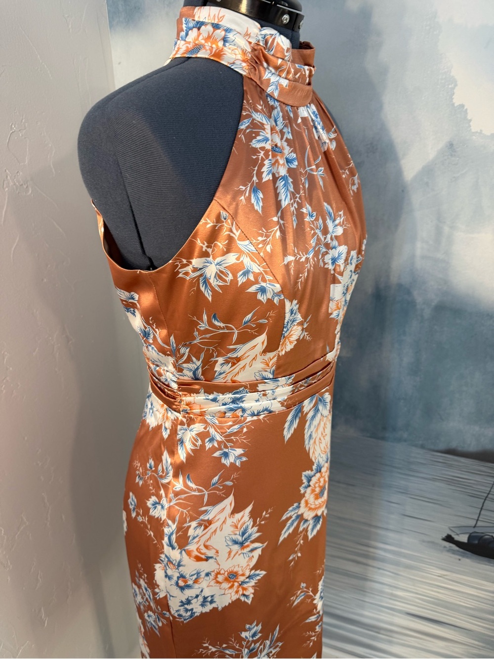Halter Floral Satin Midi Dress in Rust #395 - Picture 2 of 10